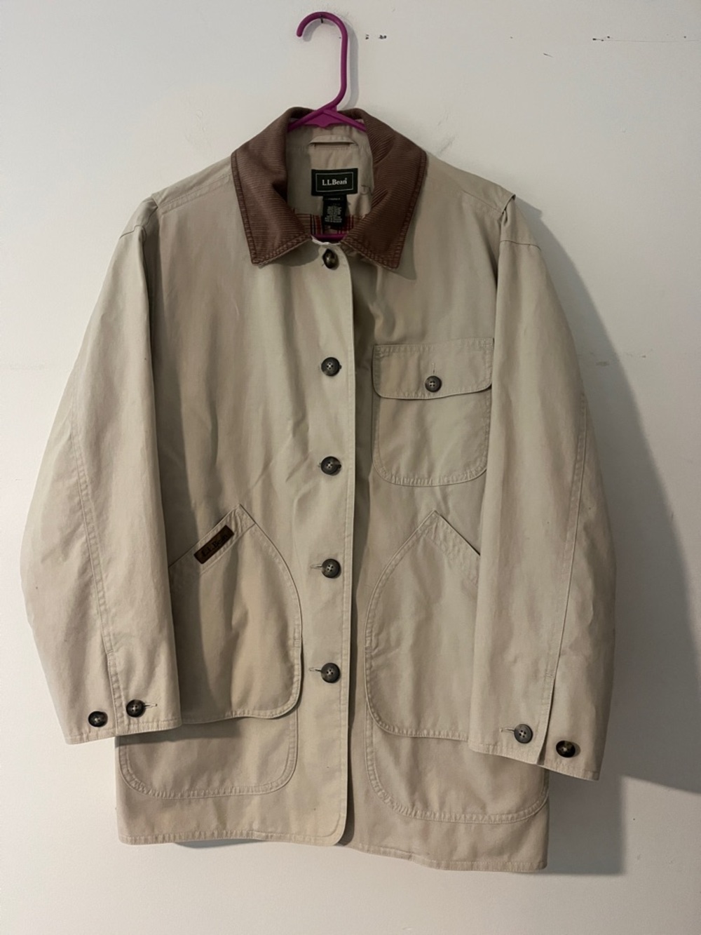 L.L. Bean Beige Field Jacket with Brown Corduroy Collar vintage barn coat sz med